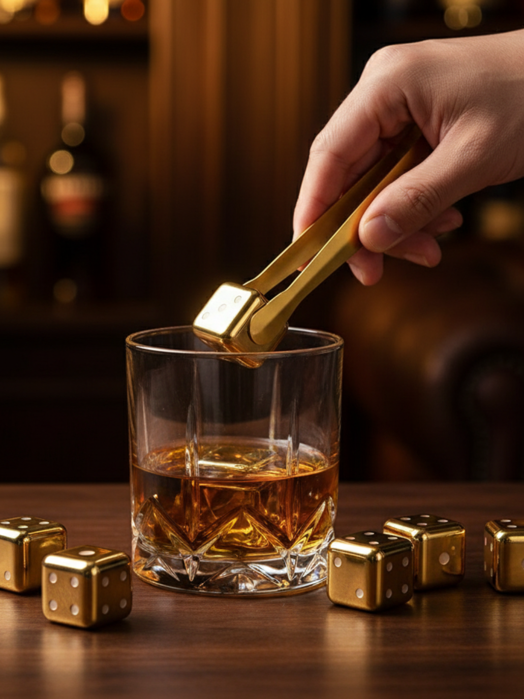 Pierres à Whisky <br> - DÉS DORÉS - <br> Acier Inoxydable